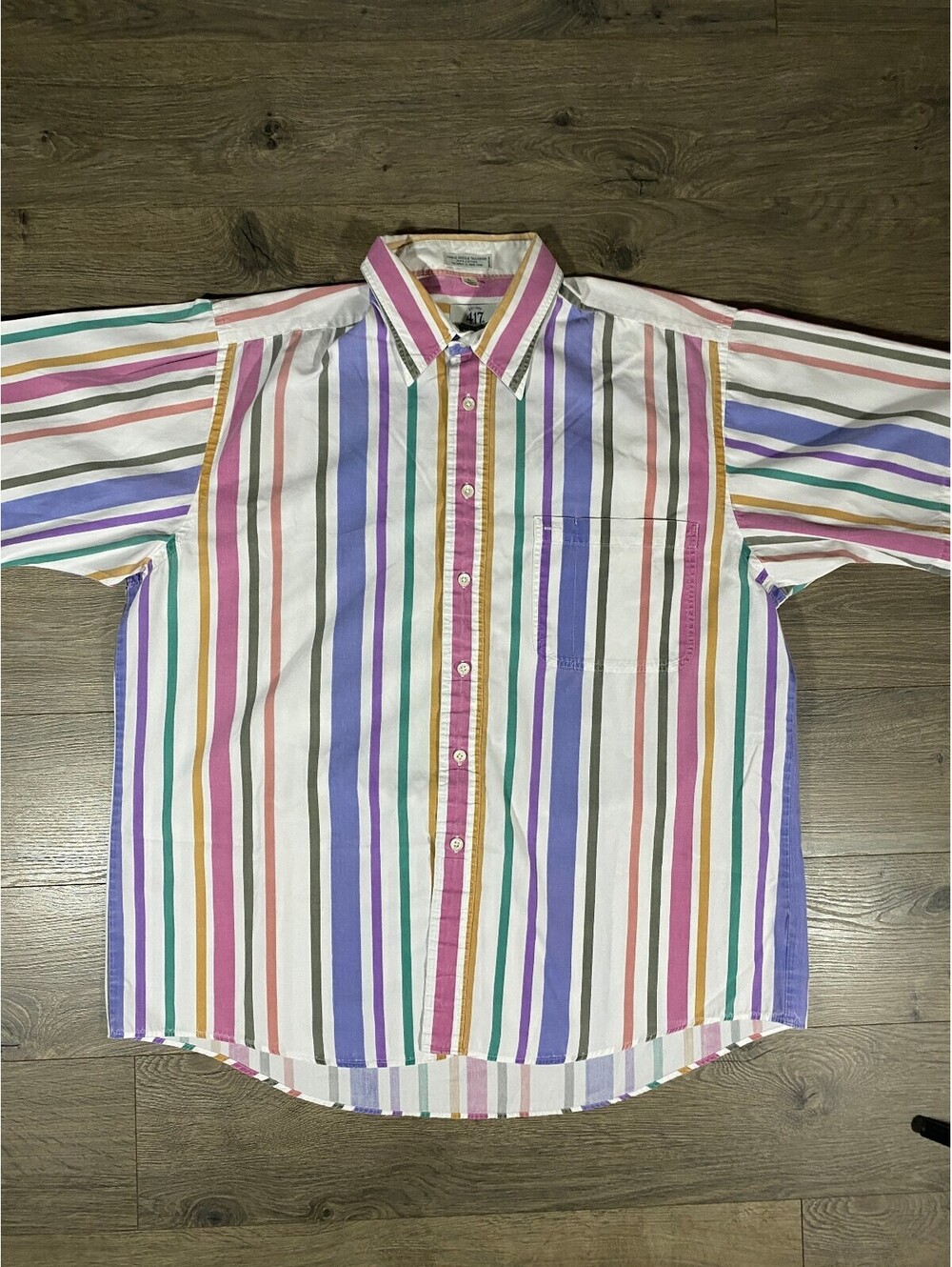 Vintage 417 Van Heusen Shirt Mens L Multicolor Stripe 100% Cotton Hong Kong